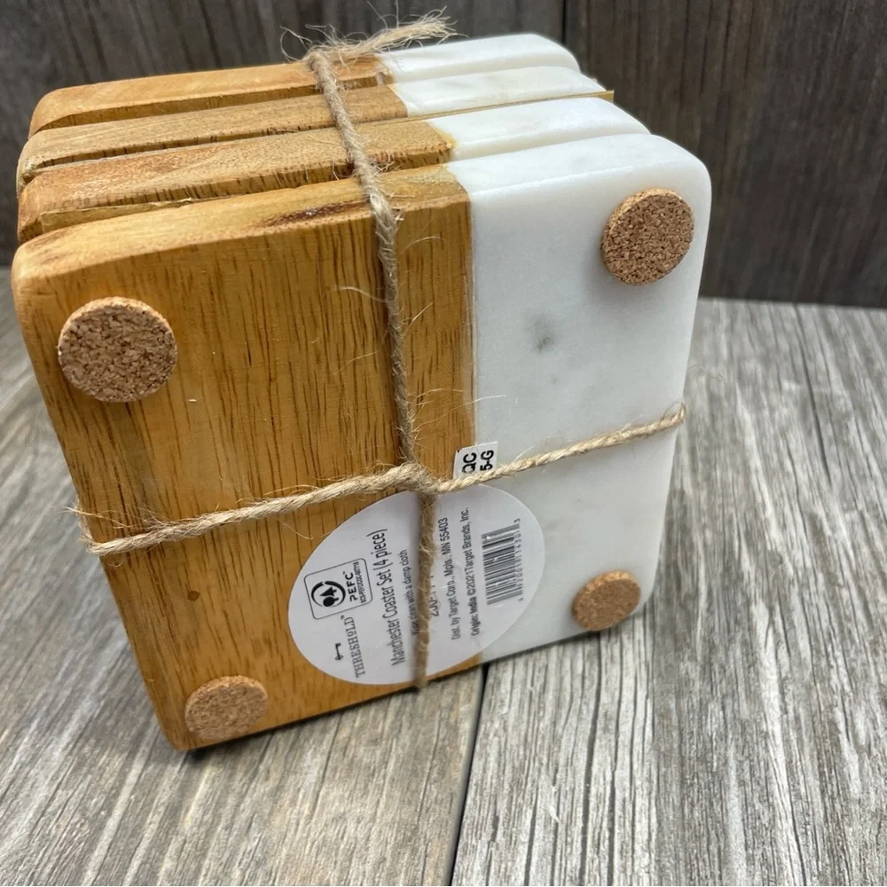 Threshold Quality & Design Set of 4 Manchester Marble & Wood Coasters NEW